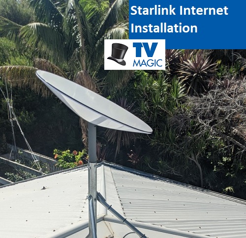 close up of a Starlink install. Caption 'Starlink Internet Installation" with TV Magic logo