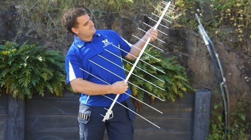 Technician holding an antenna