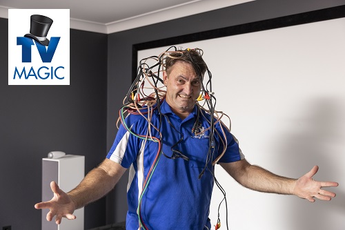 Technician tangled up in TV cables