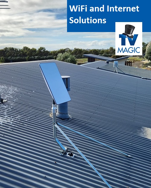 A Starlink installation. Caption 'WiFi and Internet Solutions" with TV Magic logo.