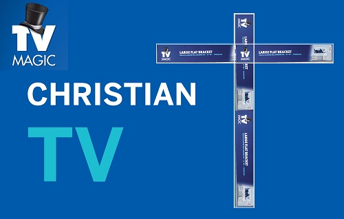 the words "Christian TV Installation" with TV Magic logo. Cross made out of TV Magic wall brackets