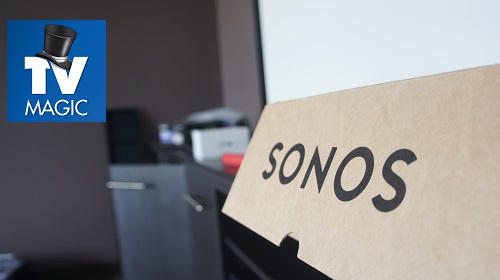 close up of Sonos speakers with TV Magic logo