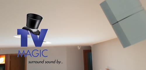 A wall mounted speaker with caption "Surround Sound by TV Magic"