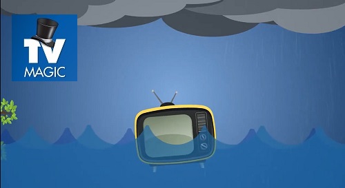 An animation of a TV floating in water