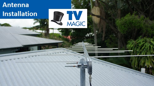 close up of antenna with caption "Antenna Installation" with TV Magic logo overlapping, in top left corner