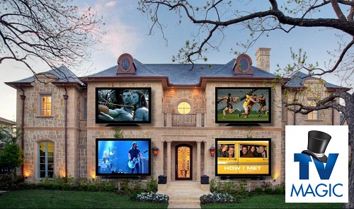 A house with various programs showing in each window.