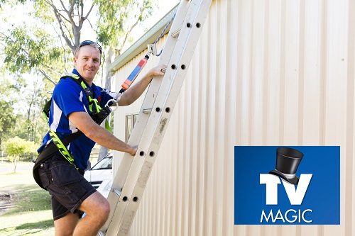 Technician - Brent, standing on a ladder