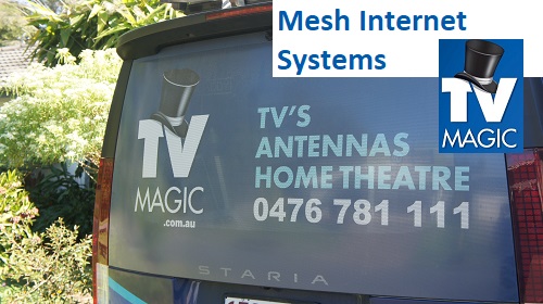 The back of TV Magic van with caption "Mesh Internet Systems"  and TV Magic logo overlapping bottom of caption
