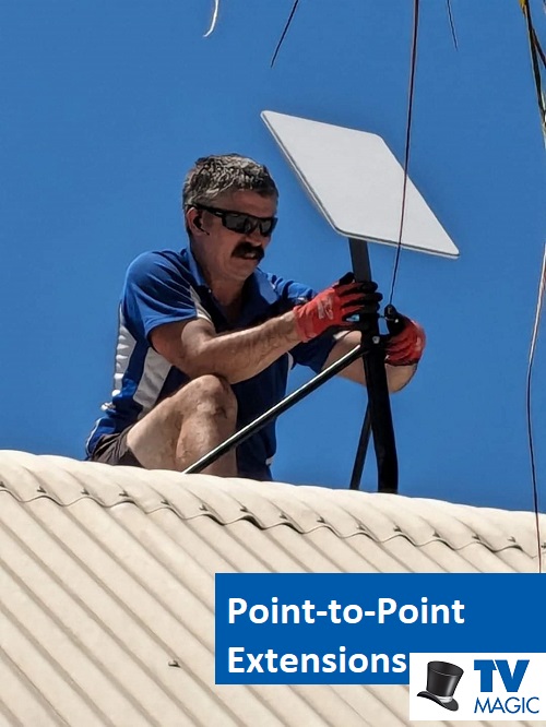 Technician Adrian on a roof with a Starlink system. Caption "Point-to-Point Extensions by TV Magic"
