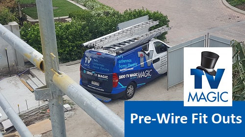 Van in a driveway of a new build. Caption "Pre-wire Fit Outs" with logo