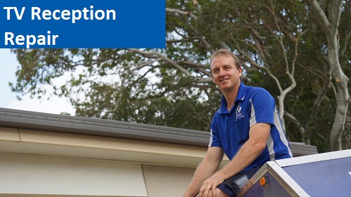 Technician in front of a house with a tile roof. Caption "TV Reception Repair" in top left corner