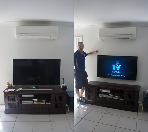 before and after shots of a TV wall mounting service