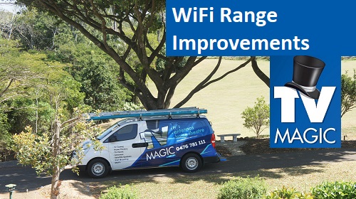 TV Magic van under trees, with caption "WiFi Range Improvements" on the right, with TV Magic logo overlapping it