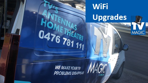 close up of TV Magic van with caption "WiFi Upgrades" and TV Magic logo in top right corner
