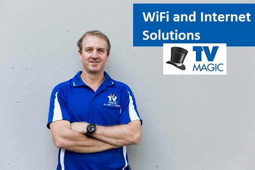 Technician with caption "WiFi and Internet Solutions"