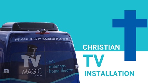 a TV Magic Van with the words Christian TV installation in a caption with a cross on it