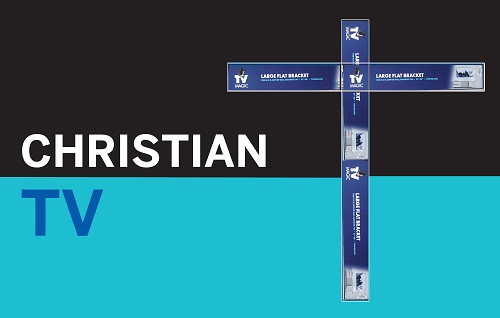 Cross made from TV Magic wall brackets. Caption "Christian TV"