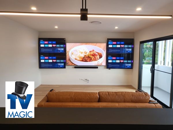 Multi TV Display in a living room with a TV Magic logo in left bottom corner