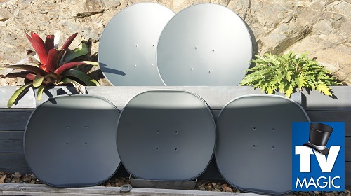 multiple satellite dishes on display