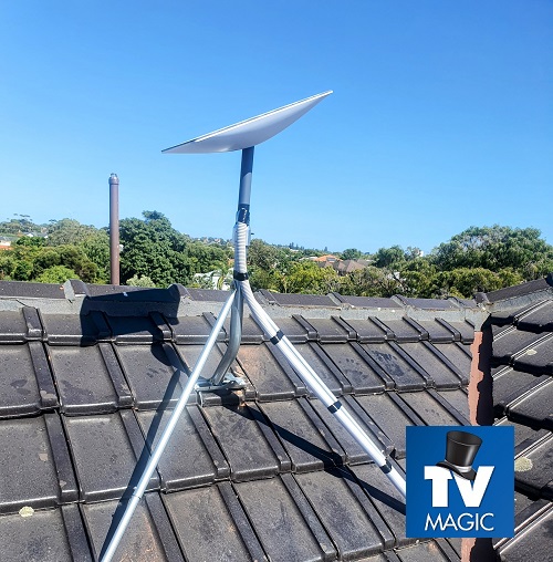 A TV Magic Starlink Internet Installation on a tile roof. Logo in bottom right corner.