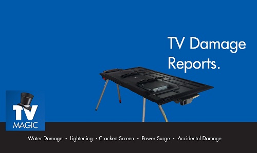 Work bench with services below it. Caption " TV damage reports" and logo.