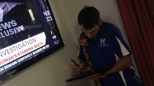 Technician assessing a damaged TV