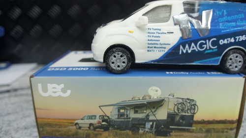 Mini TV Magic van on top of a vast box
