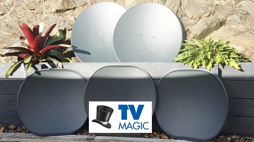 Multiple satellite dishes with TV Magic logo