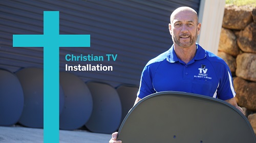 Technician holding a satellite dish. Caption - Christian TV Installation, with a cross.